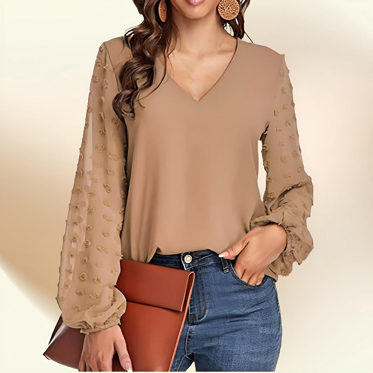 Blouse, tee, top, Women's tops, women's blouses, cute top, beige top, ruffle, trendy, new style, Shirt, office wear, business attire, Office blouse, casual top, business top, two tone top, Trendy office wear for women, long sleeve tops, Swiss dots