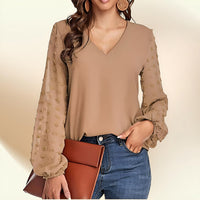 Blouse, tee, top, Women's tops, women's blouses, cute top, beige top, ruffle, trendy, new style, Shirt, office wear, business attire, Office blouse, casual top, business top, two tone top, Trendy office wear for women, long sleeve tops, Swiss dots