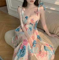 Pink blue dress, french design, ruffle dress, sleeveless, popular, trendy summer dress, spring maxi dress, beach dresses, boho maxi dress, bohemian dress, Pink floral dress, blue flower, floral dress, gift, gift idea, tea party dress, easter style, porcel