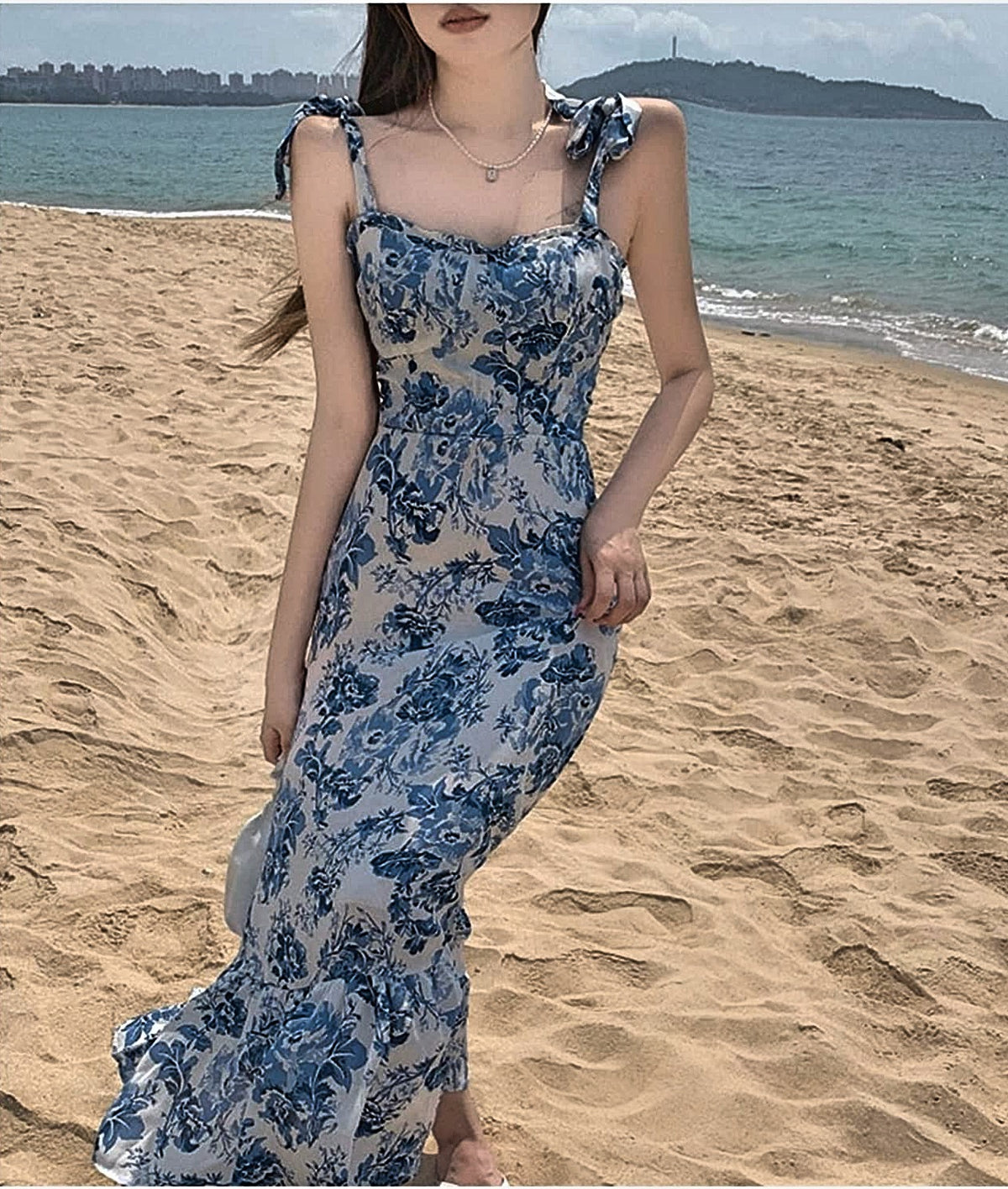 Blue white dress, french design, ruffle dress, sleeveless, popular, trendy summer dress, spring maxi dress, beach dresses, boho maxi dress, bohemian dress, blue floral dress, blue flower, floral dress, gift, gift idea, tea party dress, easter style, porce