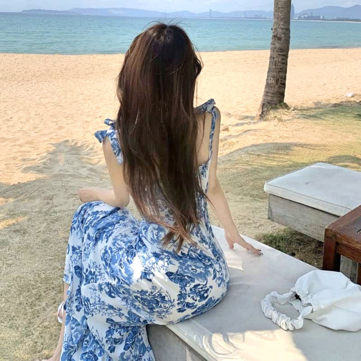 Blue white dress, french design, ruffle dress, sleeveless, popular, trendy summer dress, spring maxi dress, beach dresses, boho maxi dress, bohemian dress, blue floral dress, blue flower, floral dress, gift, gift idea, tea party dress, easter style, porce