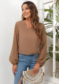 Blouse, tee, top, Women's tops, women's blouses, cute top, beige top, ruffle, trendy, new style, Shirt, office wear, business attire, Office blouse, casual top, business top, two tone top, Trendy office wear for women, long sleeve tops, Swiss dots