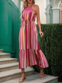 maxi dress, dress, long dress, lace dress, strip dress, striped, stripes, pink dress, striped dress, ruffle, sleeveless