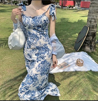 Blue white dress, french design, ruffle dress, sleeveless, popular, trendy summer dress, spring maxi dress, beach dresses, boho maxi dress, bohemian dress, blue floral dress, blue flower, floral dress, gift, gift idea, tea party dress, easter style, porce