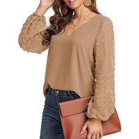 Blouse, tee, top, Women's tops, women's blouses, cute top, beige top, ruffle, trendy, new style, Shirt, office wear, business attire, Office blouse, casual top, business top, two tone top, Trendy office wear for women, long sleeve tops, Swiss dots