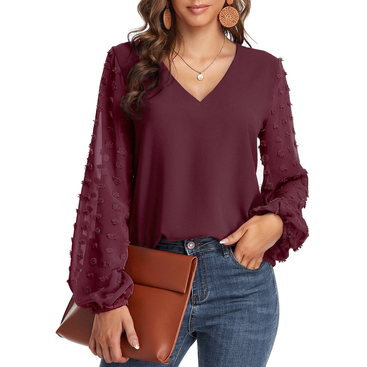 Blouse, tee, top, Women's tops, women's blouses, cute top, Burgundy top, ruffle, trendy, new style, Shirt, office wear, business attire, Office blouse, casual top, business top, two tone top, Trendy office wear for women, long sleeve tops, Swiss dots
