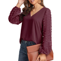 Blouse, tee, top, Women's tops, women's blouses, cute top, Burgundy top, ruffle, trendy, new style, Shirt, office wear, business attire, Office blouse, casual top, business top, two tone top, Trendy office wear for women, long sleeve tops, Swiss dots
