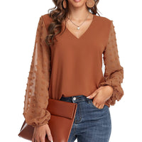 Blouse, tee, top, Women's tops, women's blouses, cute top, Brown top, ruffle, trendy, new style, Shirt, office wear, business attire, Office blouse, casual top, business top, two tone top, Trendy office wear for women, long sleeve tops, Swiss dots