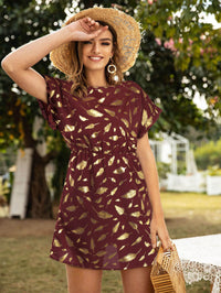 Gold Feather Print Mini Dress