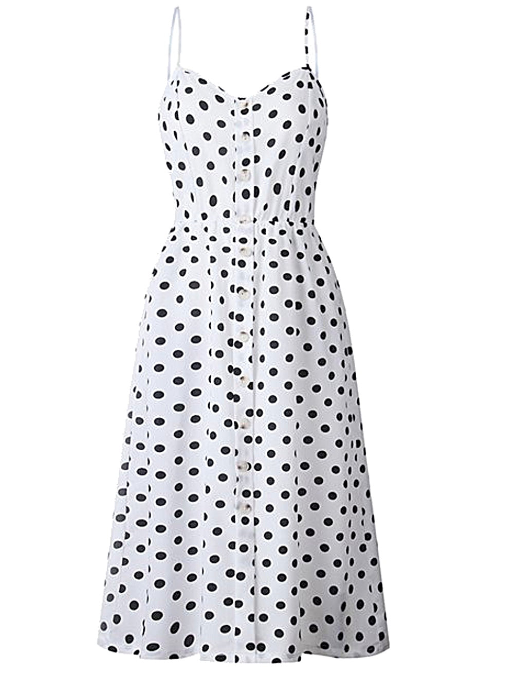 midi dress, polka dots, dot dress, dress, sun dress, summer style, summer fashion, sundress, sleeveless, beachwear, vacation style, white dress, easter, black dots, women's casual dress
