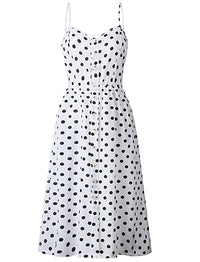 midi dress, polka dots, dot dress, dress, sun dress, summer style, summer fashion, sundress, sleeveless, beachwear, vacation style, white dress, easter, black dots, women's casual dress