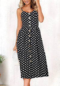 midi dress, polka dots, dot dress, dress, sun dress, summer style, summer fashion, sundress, sleeveless, beachwear, vacation style, black dress, easter, white dots, women's casual dress