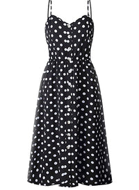 midi dress, polka dots, dot dress, dress, sun dress, summer style, summer fashion, sundress, sleeveless, beachwear, vacation style, black dress, easter, white dots, women's casual dress