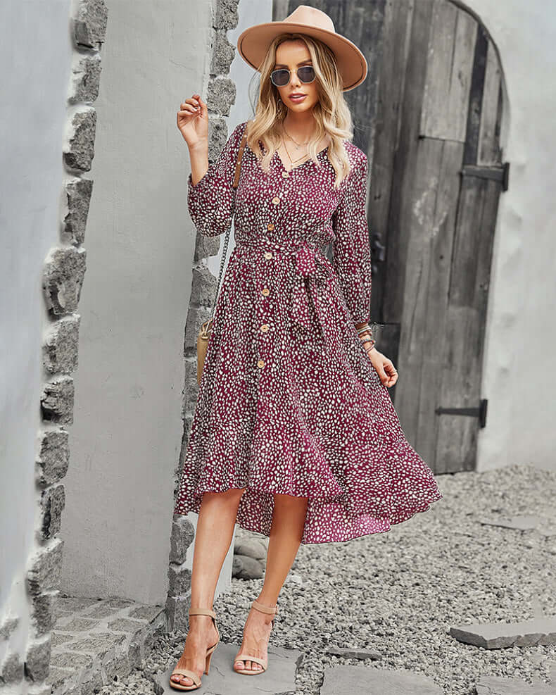 Fall Dress - Long Sleeve Flowy Midi Dress Red / Small Fall Dress - Long Sleeve Flowy Midi Dress Red / Small