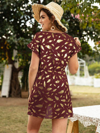 Gold Feather Print Mini Dress