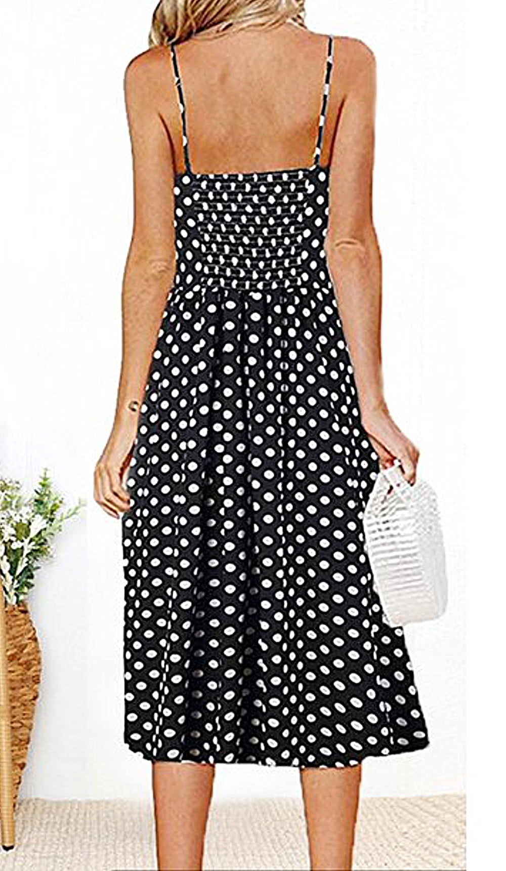 midi dress, polka dots, dot dress, dress, sun dress, summer style, summer fashion, sundress, sleeveless, beachwear, vacation style, black dress, easter, white dots, women's casual dress