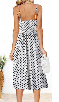 midi dress, polka dots, dot dress, dress, sun dress, summer style, summer fashion, sundress, sleeveless, beachwear, vacation style, white dress, easter, black dots, women's casual dress