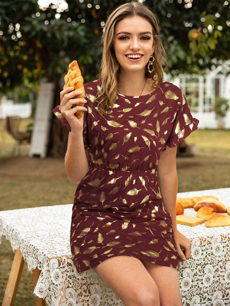 Club Dress: Gold Feather Print Mini Dress Medium
