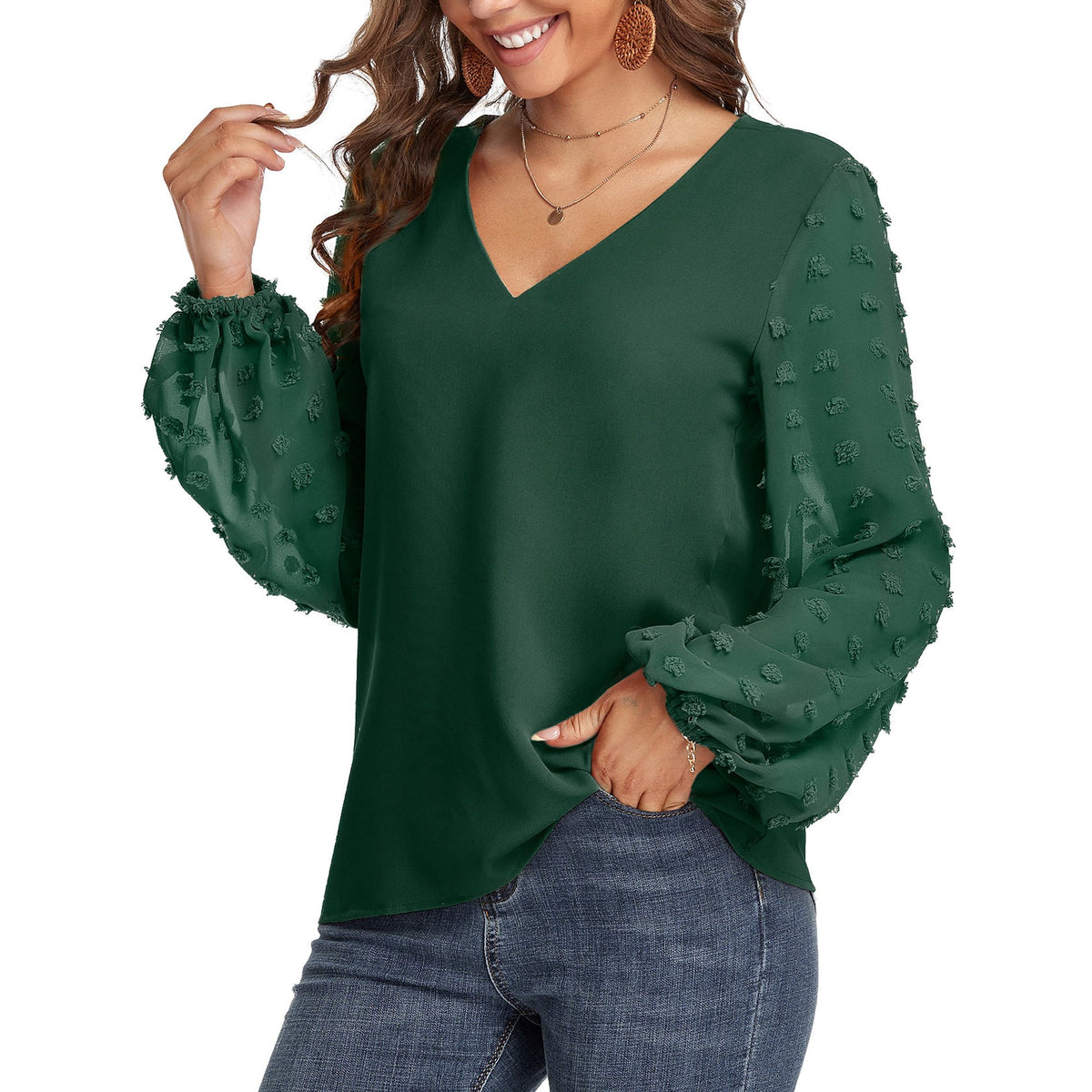 Blouse, tee, top, Women's tops, women's blouses, cute top, Emerald top, ruffle, trendy, new style, Shirt, office wear, business attire, Office blouse, casual top, business top, two tone top, Trendy office wear for women, long sleeve tops, Swiss dots
