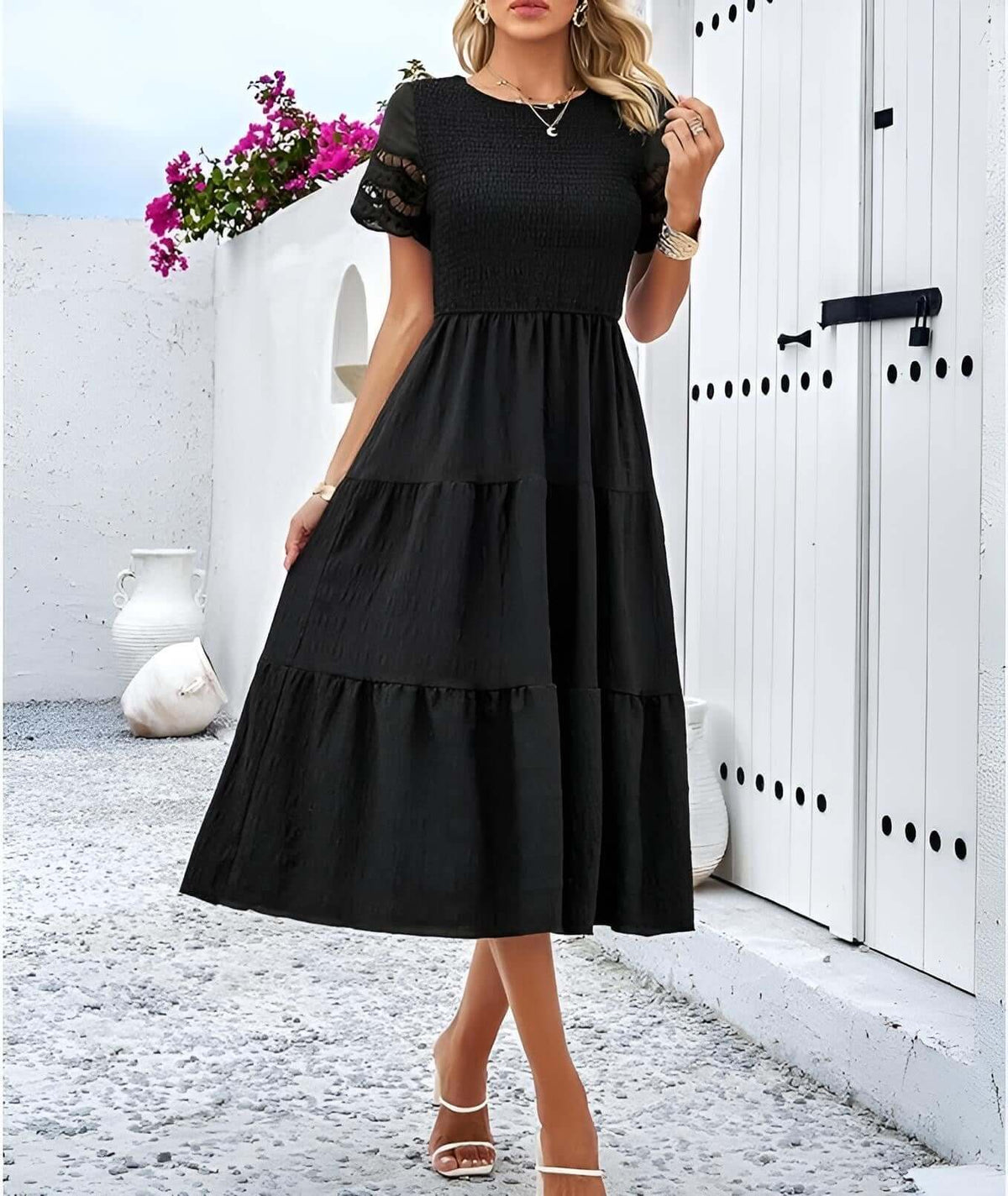Hallow Eyelet Sleeve Dress | Solid Color Midi Dress | Womens Elegant Summer Style Green / Small Hallow Eyelet Sleeve Dress | Solid Color Midi Dress | Womens Elegant Summer Style Green / Small