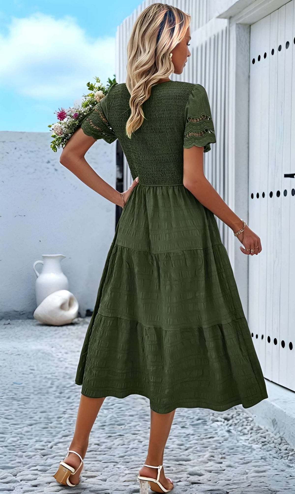 hallow eyelet sleeve Dress | Solid Color Midi Dress | Womens Elegant Summer Style Green / Small hallow eyelet sleeve Dress | Solid Color Midi Dress | Womens Elegant Summer Style Green / Small