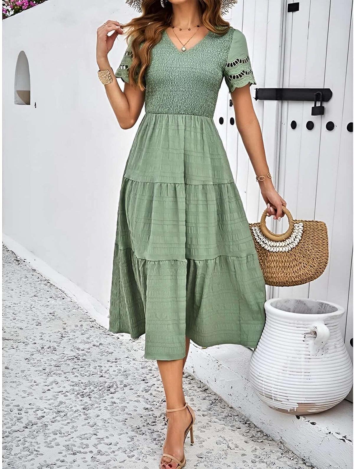 hallow eyelet sleeve Dress | Solid Color Midi Dress hallow eyelet sleeve Dress | Solid Color Midi Dress