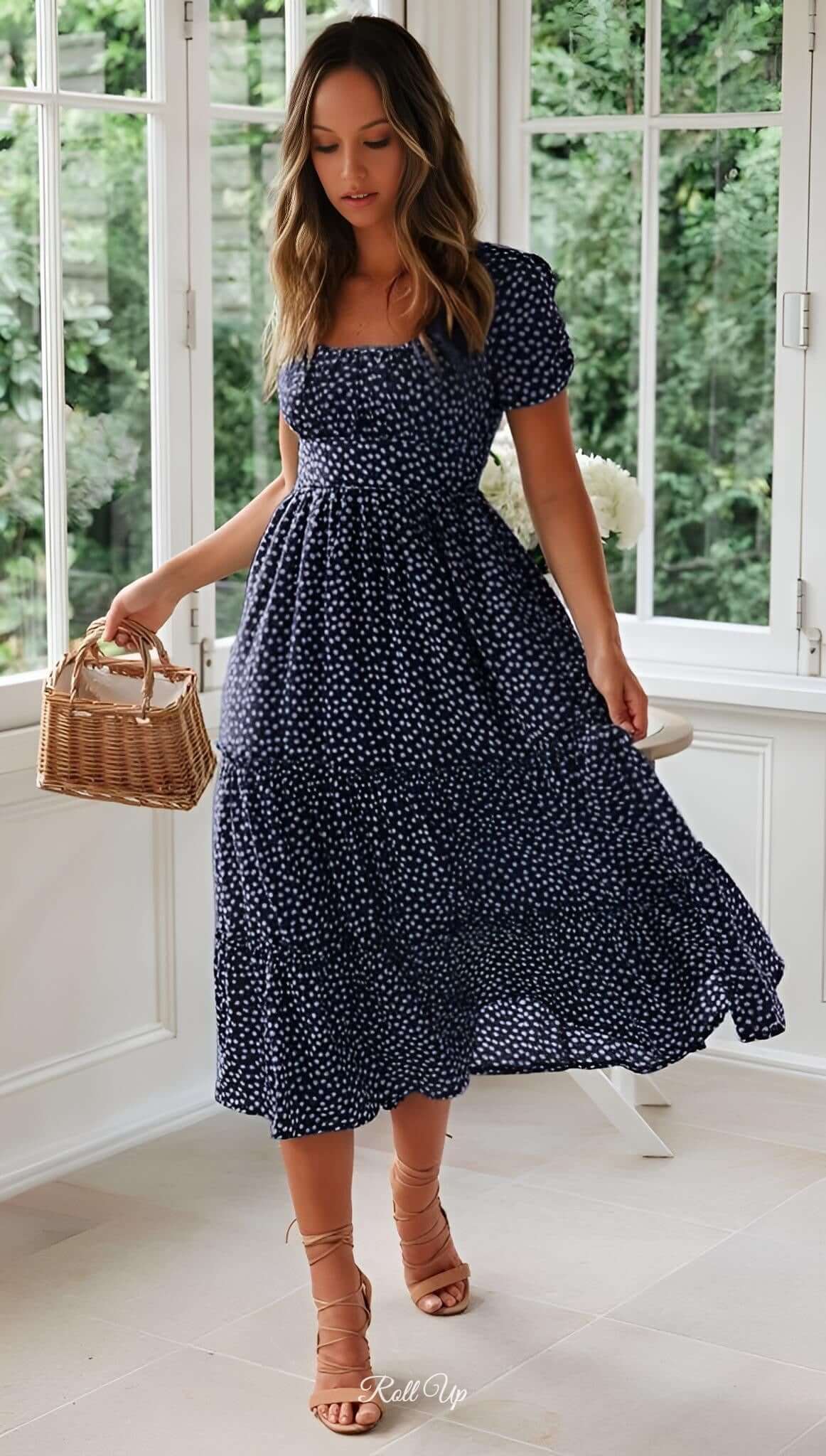 Floral Midi Dress - Cute & Elegant for Your Summer Parties Medium / Navy Blue Floral Midi Dress - Cute & Elegant for Your Summer Parties Medium / Navy Blue