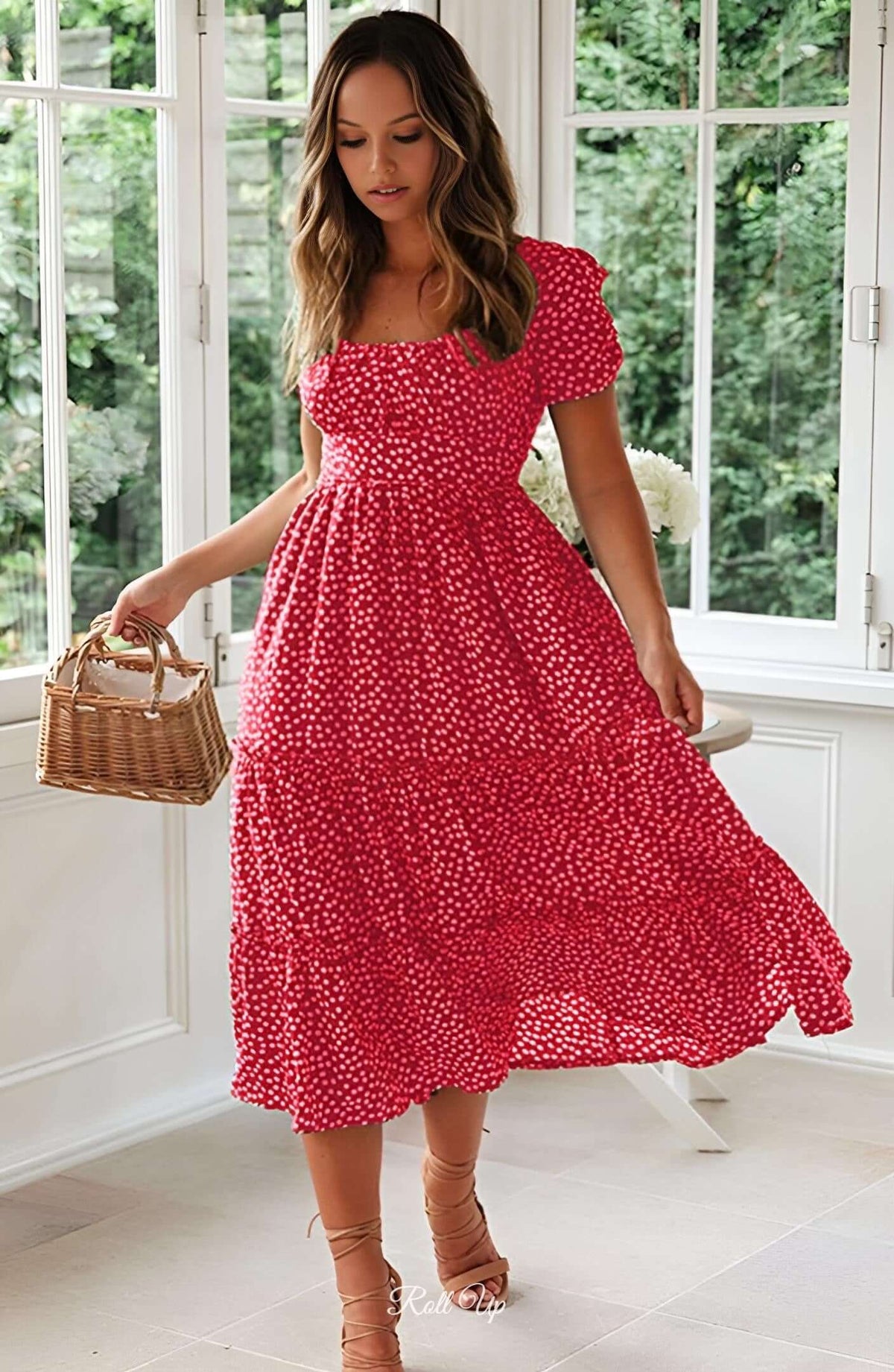 cute midi dresses for women PRETTYGARDEN Women's Casual Midi Dresses Square Neck Short Sleeve Smoc
