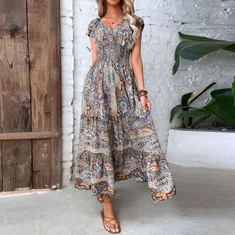 Boho midi dress in a stylish patterned design, perfect for casual outings and special occasions.
