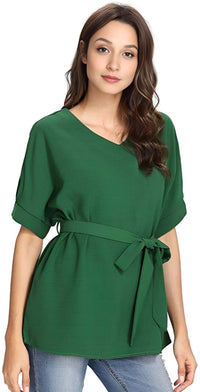 Batwing Casual Blouse, Women's V-Neck T-Shirt Blouse in green, featuring a stylish tie belt and short sleeves.