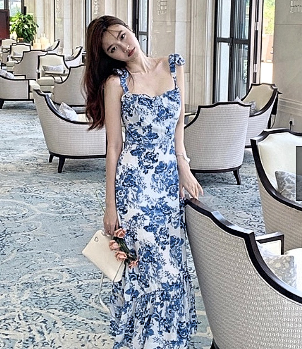 French Blue white Floral Dress