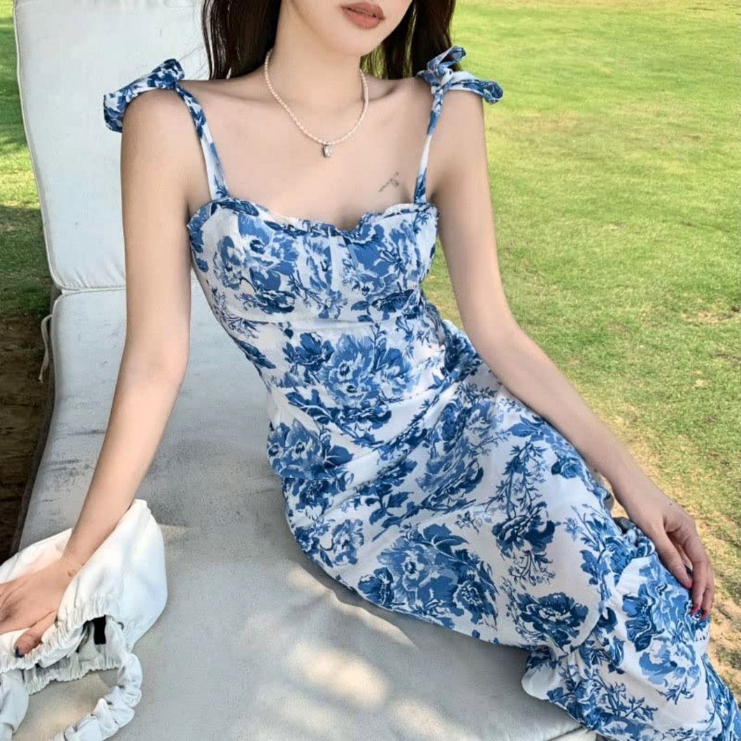 French Blue white Floral Dress