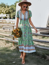 Bohemian midi dress featuring vibrant floral patterns, lightweight viscose material, perfect for warm weather outings.