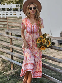Bohemian midi dress with floral pattern and sunflowers, exuding a cheerful bohemian spirit in a warm outdoor setting.