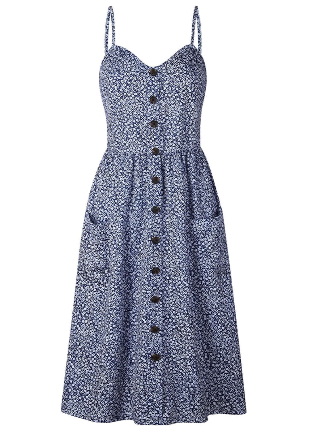Ditsy Floral Sun Dress - Women's boho fashion | Roll Up Fashion featuring a sleeveless button down midi design with pockets.