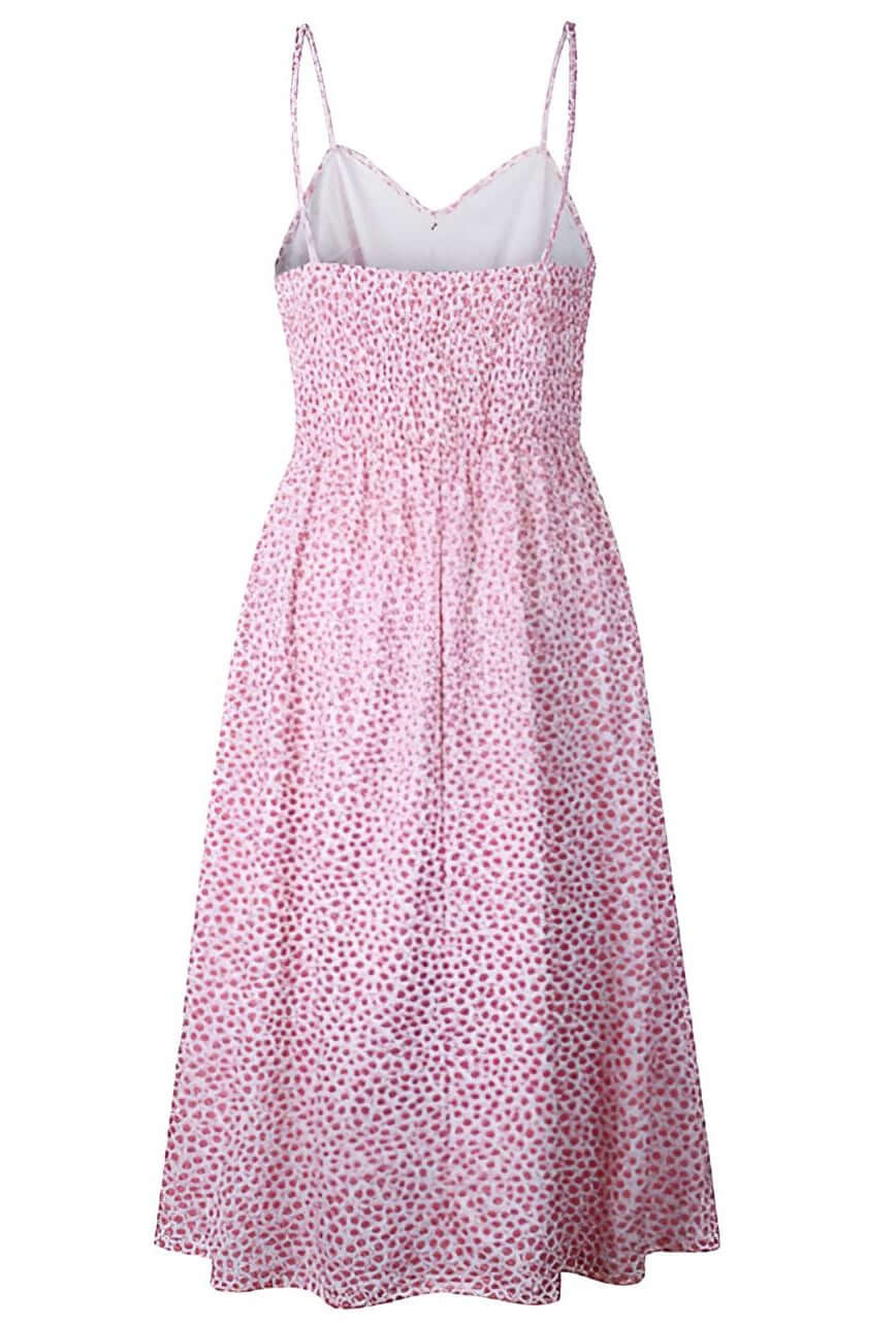Ditsy Floral Sun Dress - Women's boho fashion | Roll Up Fashion, pink floral midi dress with spaghetti straps.