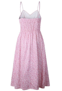 Ditsy Floral Sun Dress - Women's boho fashion | Roll Up Fashion, pink floral midi dress with spaghetti straps.