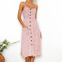 Ditsy Floral Sun Dress - Women's boho fashion | Roll Up Fashion, showcasing a sleeveless button-down midi dress with pockets.