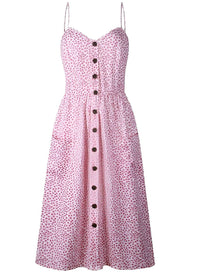 Ditsy Floral Sun Dress - Women's boho fashion | Roll Up Fashion, pink midi dress with spaghetti straps and button down.
