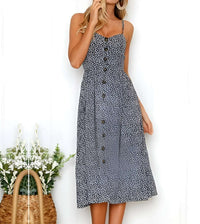 Ditsy floral sundress featuring button down design, spaghetti straps, and midi length, perfect for casual spring summer occasions.