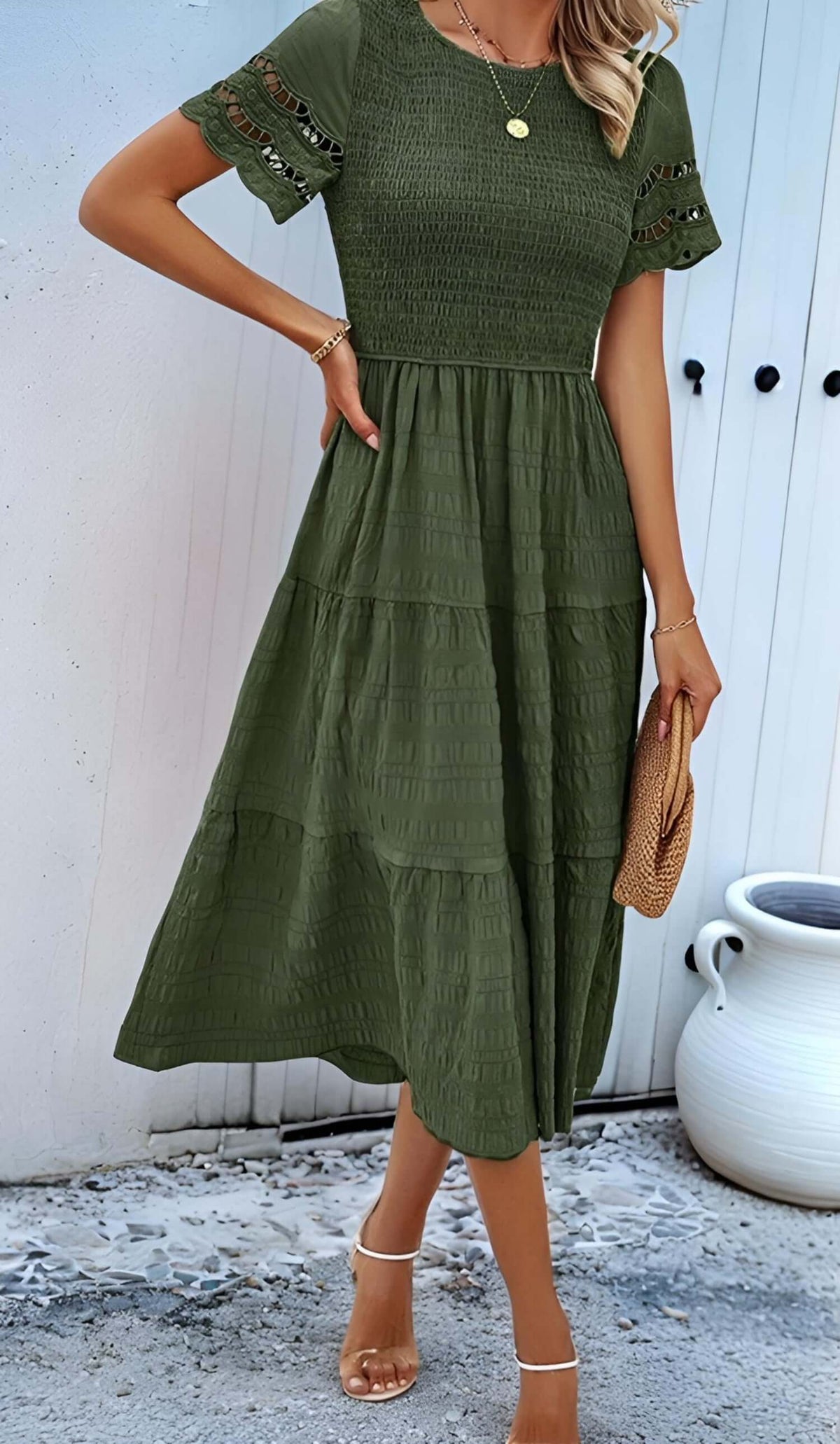 hallow eyelet sleeve Dress | Solid Color Midi Dress | Womens Elegant Summer Style Green / Small hallow eyelet sleeve Dress | Solid Color Midi Dress | Womens Elegant Summer Style Green / Small