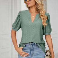 Lace trim puff sleeve blouse in green, featuring a V-neck and short puff sleeves, perfect for stylish spring summer outfits.