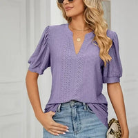 Lace trim puff sleeve blouse in lavender with V-neck and puff short sleeves, perfect for spring and summer fashion.