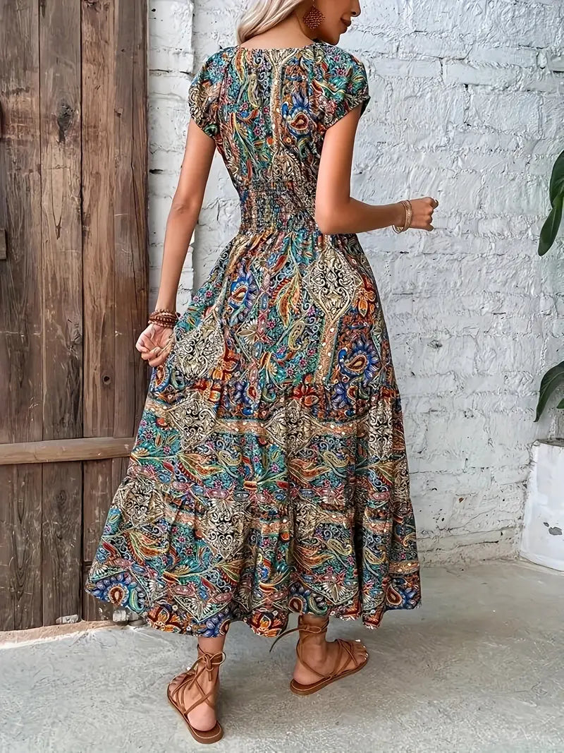 Paisley Print Bohemian Maxi Dress Green / X-Large Paisley Print Bohemian Maxi Dress – Roll Up Fashion