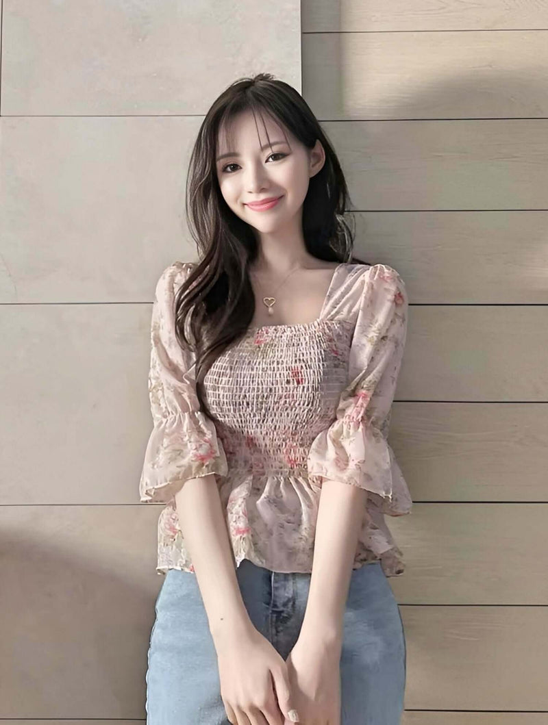 Floral Ruffle Sleeve Top - Women's boho fashion | Roll Up Fashion