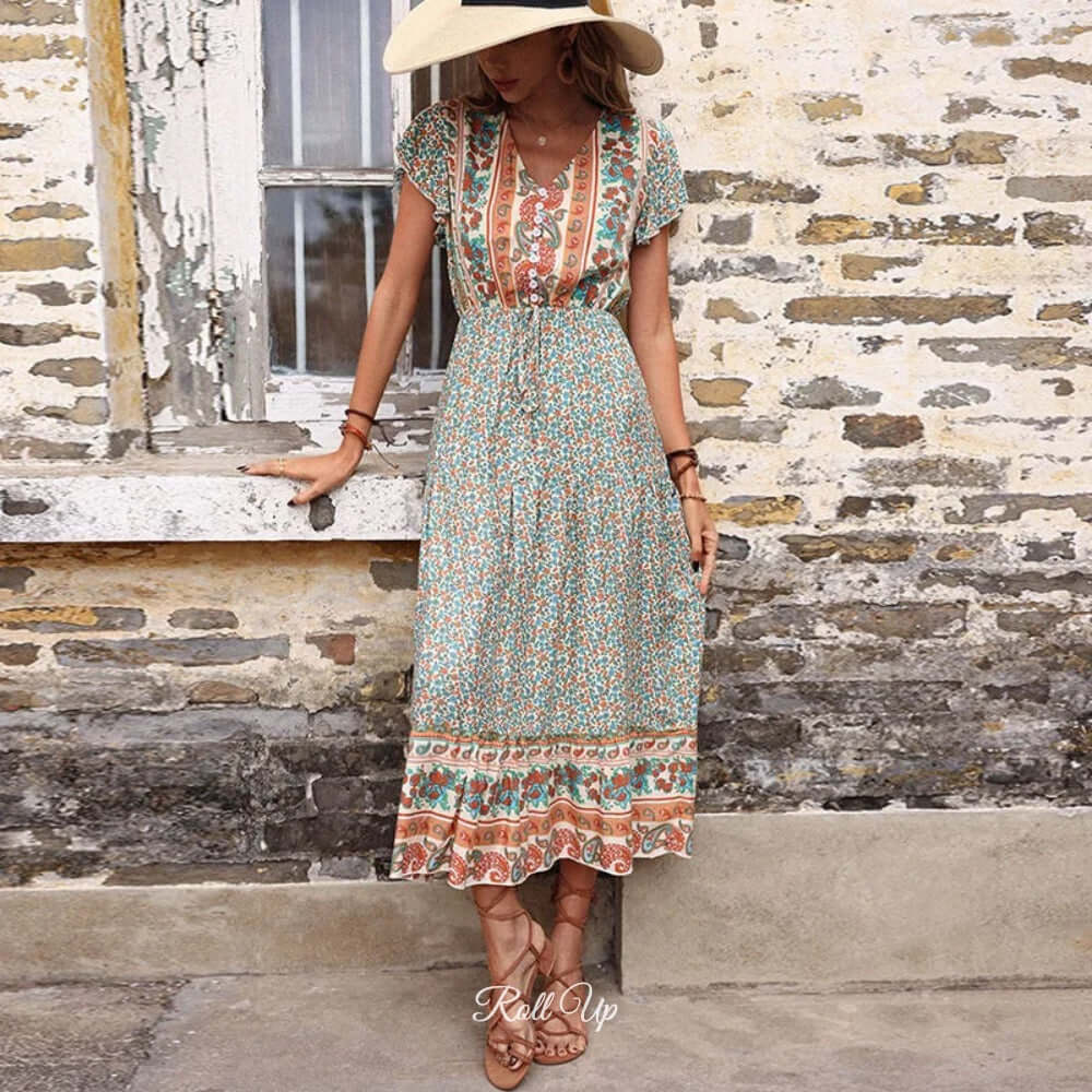 Ditsy Floral Boho Summer Maxi Dress Green / 2X-Large Ditsy Floral Boho Summer Maxi Dress – Roll Up Fashion