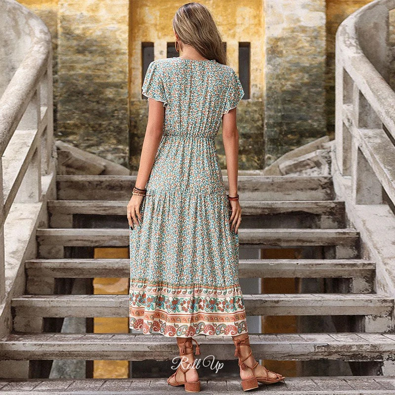 Ditsy Floral Boho Summer Maxi Dress Green / 2X-Large Ditsy Floral Boho Summer Maxi Dress – Roll Up Fashion