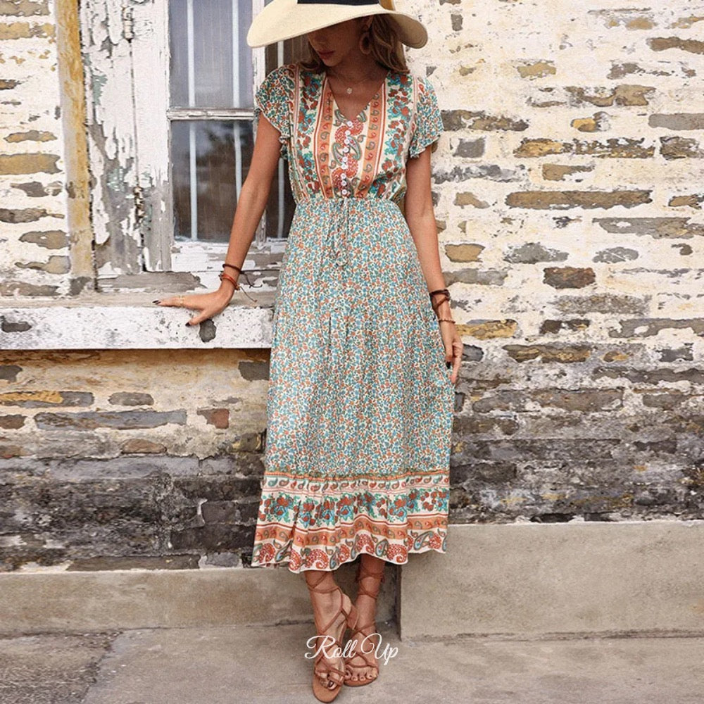 Ditsy Floral Boho Summer Maxi Dress Green / 2X-Large Ditsy Floral Boho Summer Maxi Dress – Roll Up Fashion