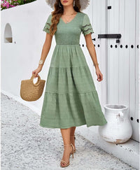 Hallow Eyelet Sleeve Dress - Women's boho fashion | Roll Up Fashion, green A-line dress with eyelet sleeves and ruffle hem.