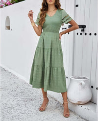 Hallow Eyelet Sleeve Dress - Women's boho fashion | Roll Up Fashion, green tiered midi dress with eyelet sleeves.